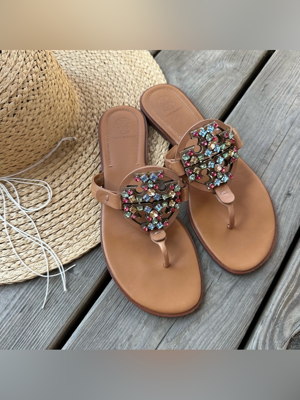 Tory Burch Crystal Miller Rhinestone Rainbow Sandal Vanchetta Brown 9